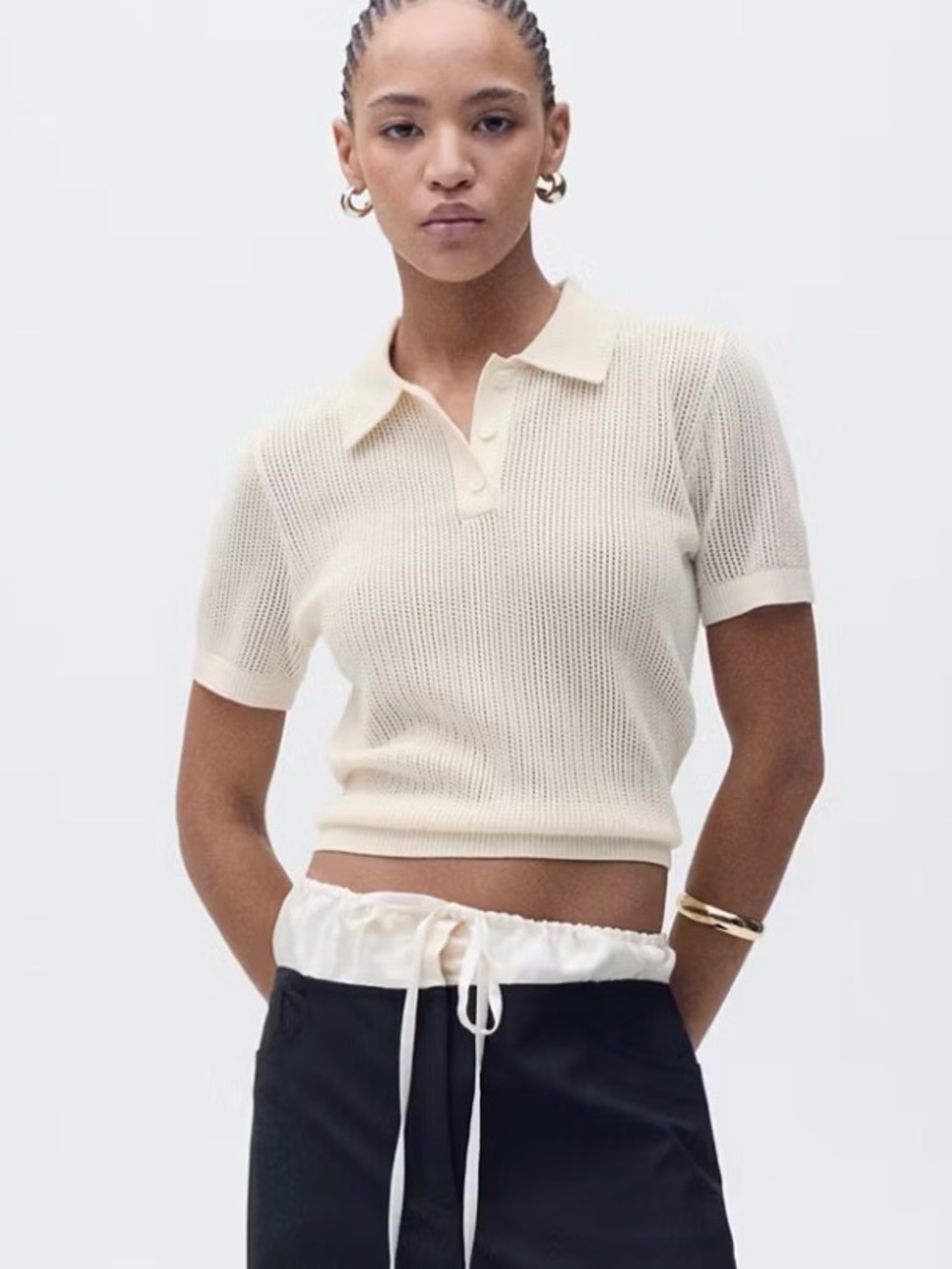 NWT Mango Knit Crochet Polo Button Shirt Top Small Ecru